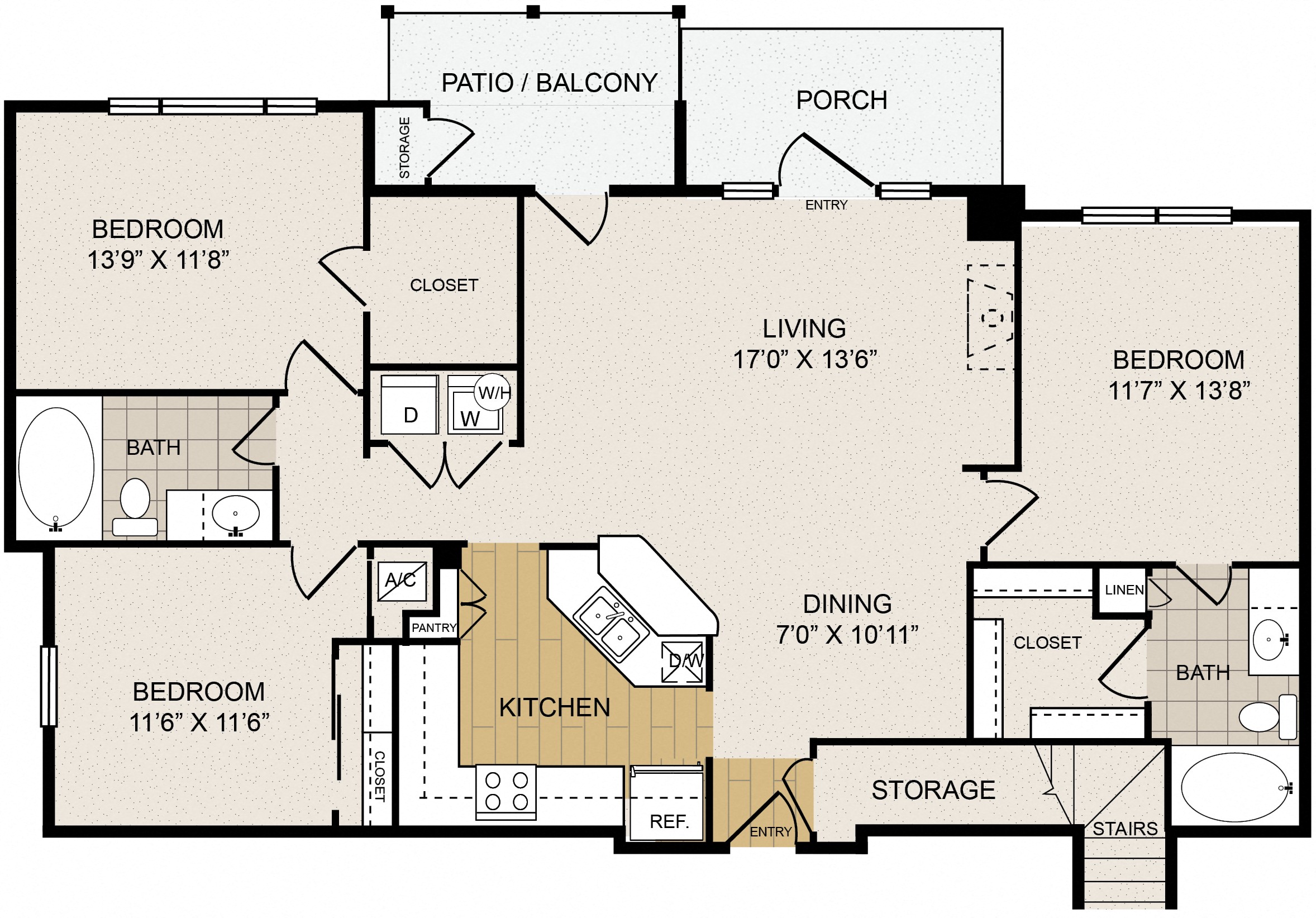 Floor plan for 3 beds, 2 baths, 1370 sqft